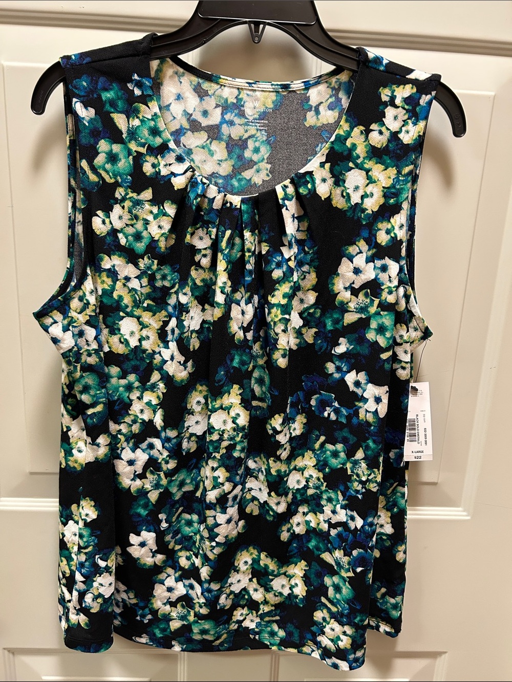 Worthington Black Floral Pleat Neck Tank with Blue & Green Accents
